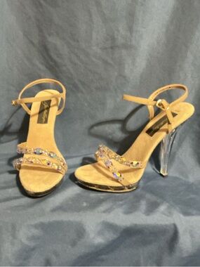 Crystal-Embellished Beige Ankle-Strap High Heels for Women